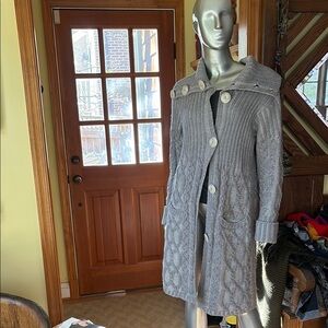 Gray Cable Knit Button-Front Long Sweater Coat from Ireland